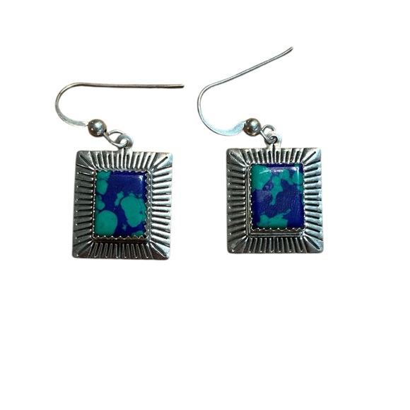 Quoc Turquoise Jewelry - Sterling Silver Blue & Green Rectangle Dangle Earrings